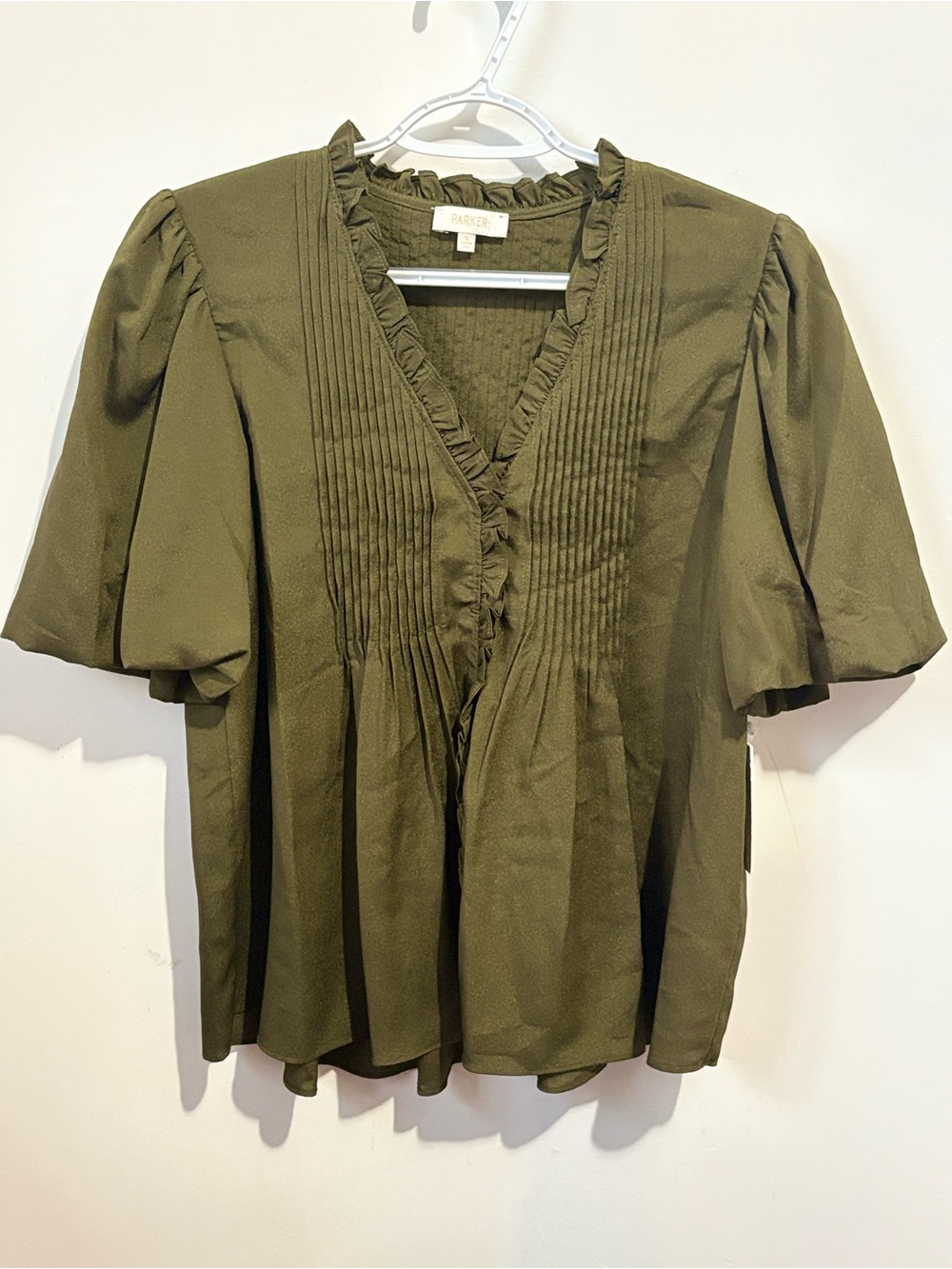 Parker Olive Green Ruffled Pintuck V-Neck Blouse